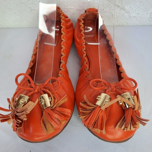 Tory Burch Reese Soft Orange Leather Stretch Bow Tassel Ballet Flats - Picture 2 of 12